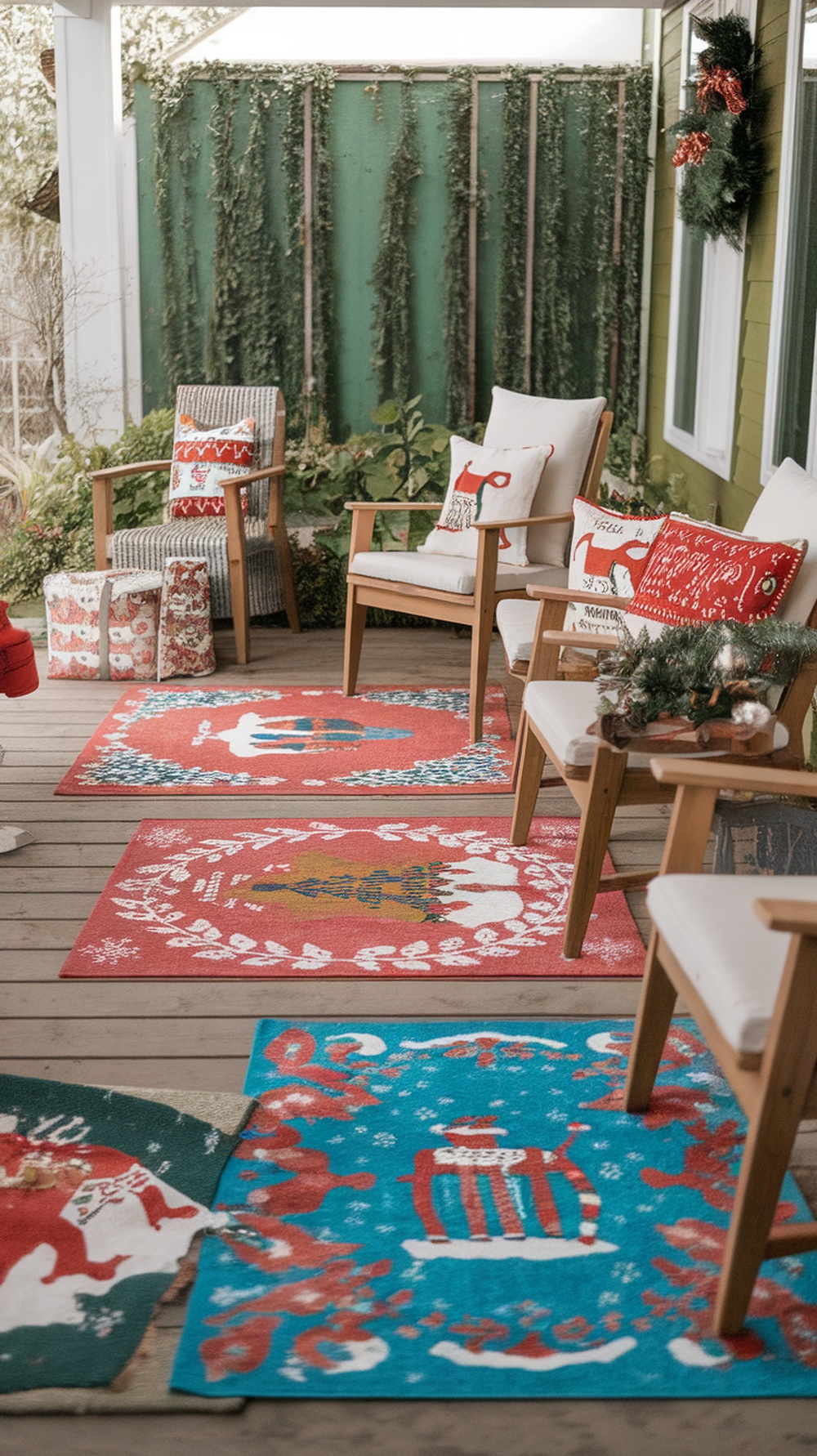 Colorful seasonal outdoor rugs on a porch, featuring holiday designs.