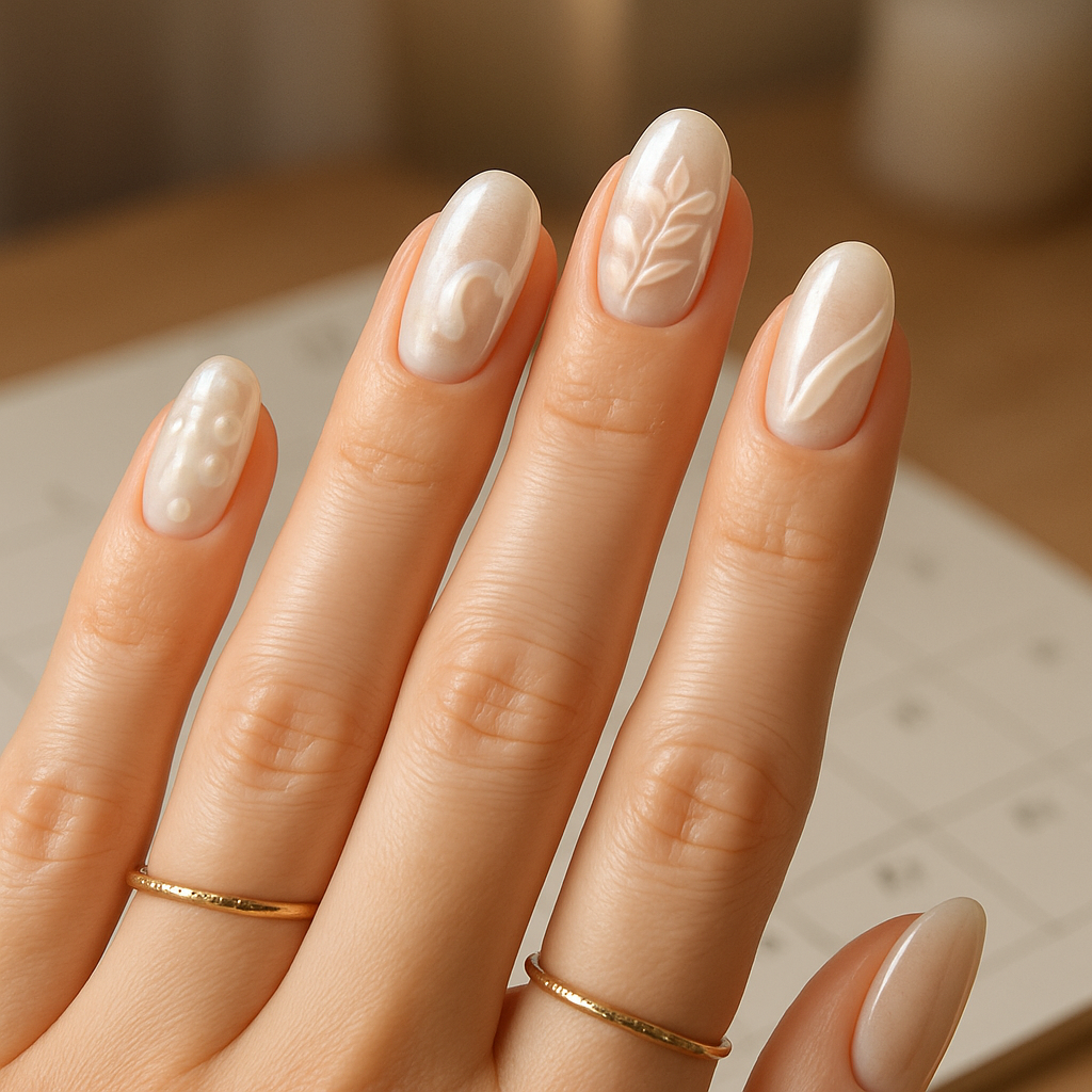 A close-up of elegant pearl-inspired wedding nails with delicate designs.