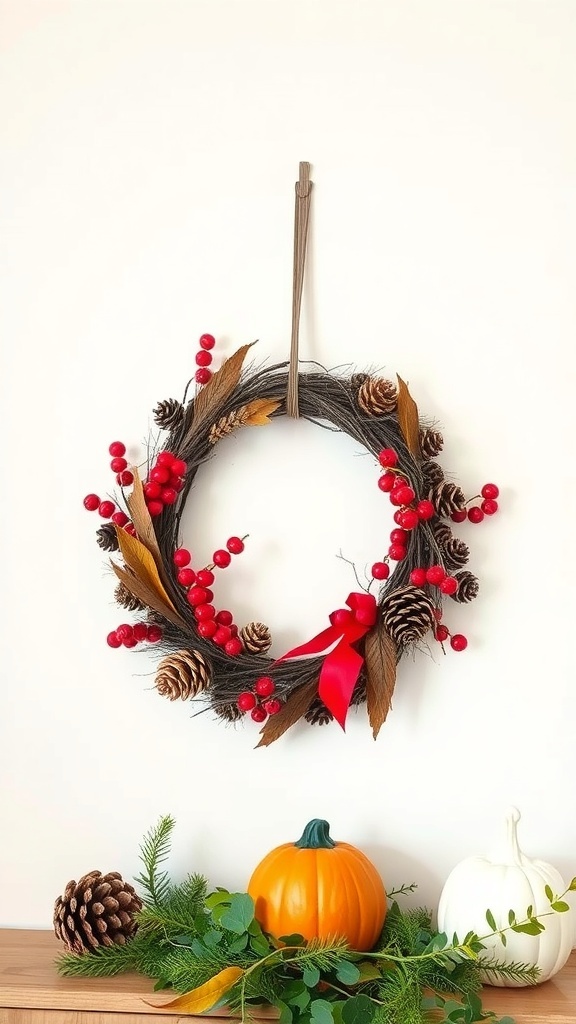 A seasonal wreath made of pinecones and red berries, with a red ribbon, displayed on a wall with pumpkins and greenery.