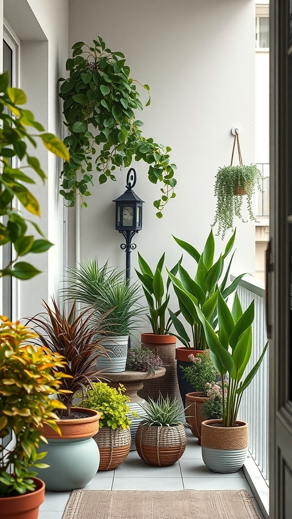A narrow balcony filled with various potted plants, showcasing seasonal plant rotations.