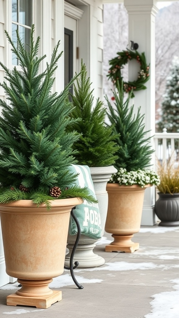 Seasonal planters with evergreens on a winter porch