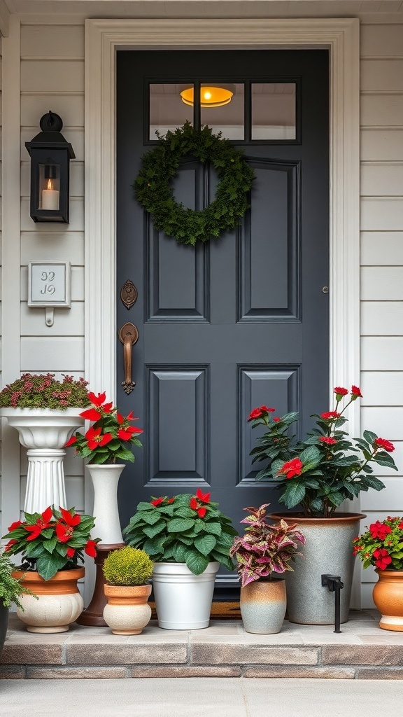 A winter front door decorated with potted plants, including vibrant poinsettias and greenery, against a dark door.