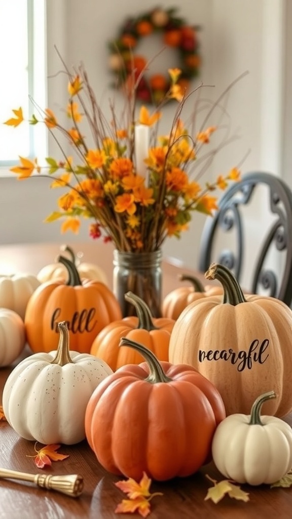 A collection of decorative pumpkins in autumn colors with fall leaves and a floral arrangement.