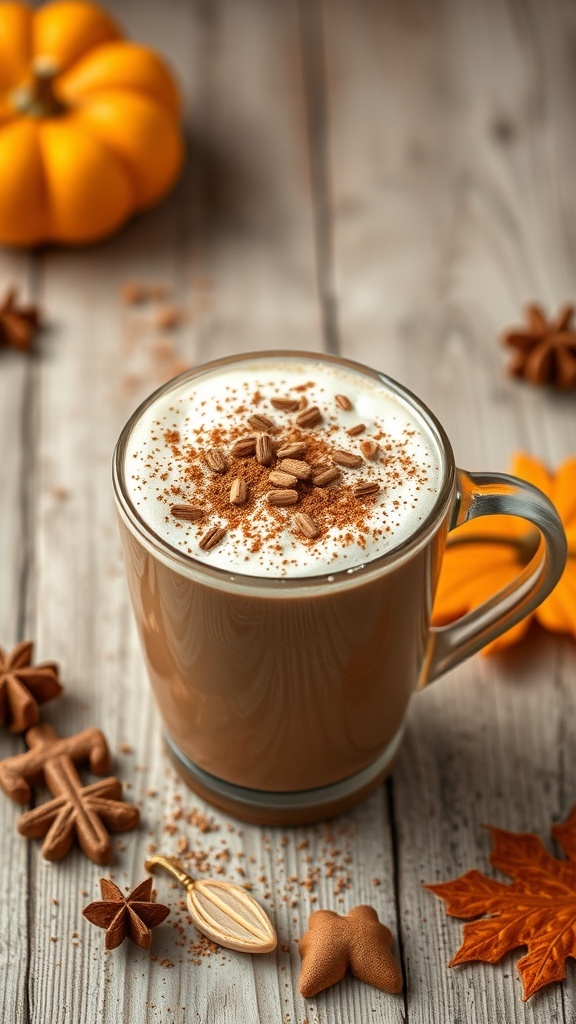 A cozy pumpkin spice latte with whipped cream and spices, surrounded by seasonal decorations.