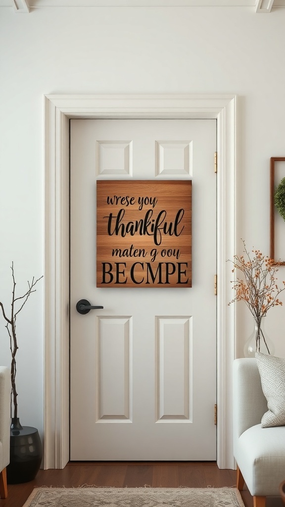 A wooden door sign with a playful Thanksgiving quote.