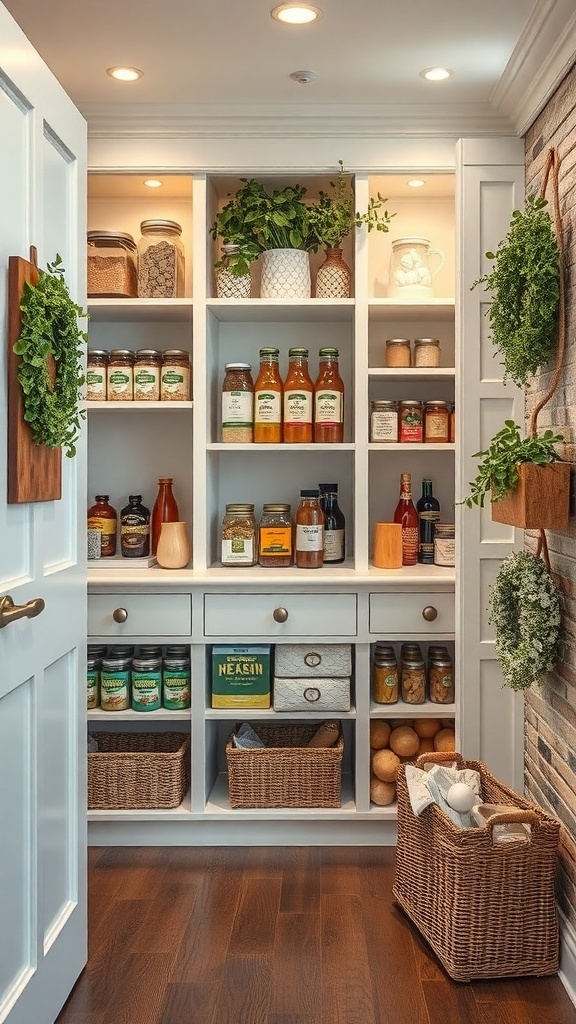 Organized pantry with jars, bottles, and baskets, showcasing a variety of ingredients.