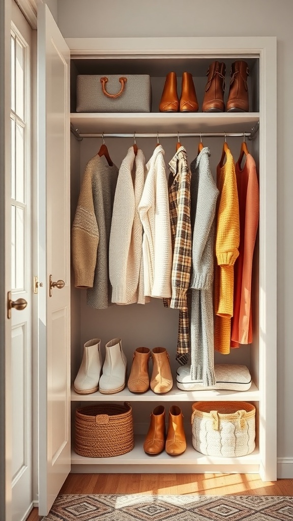 A well-organized wardrobe featuring sweaters, boots, and accessories, showcasing seasonal rotation techniques.