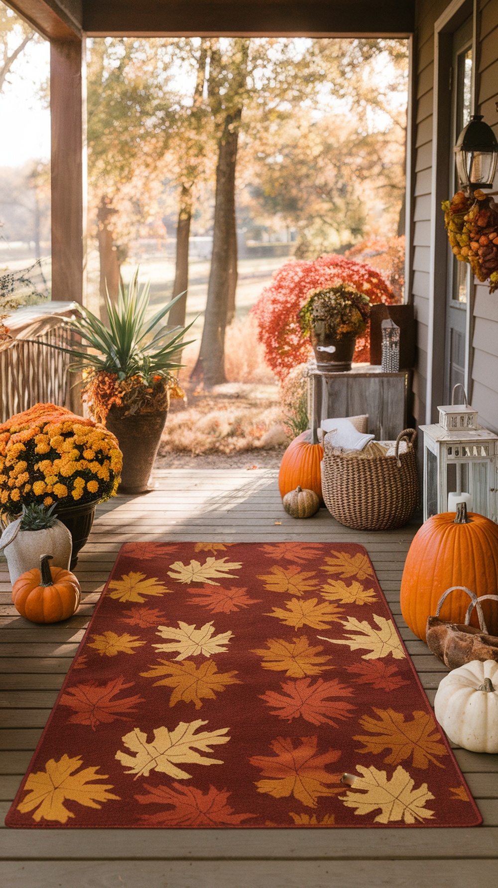 A porch decorated for Thanksgiving with a seasonal rug featuring autumn leaves, pumpkins, and flowers.