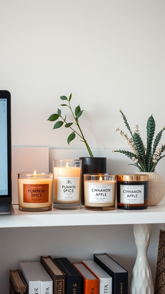 A shelf displaying seasonal scented candles, including pumpkin spice and cinnamon apple, alongside some greenery and books.