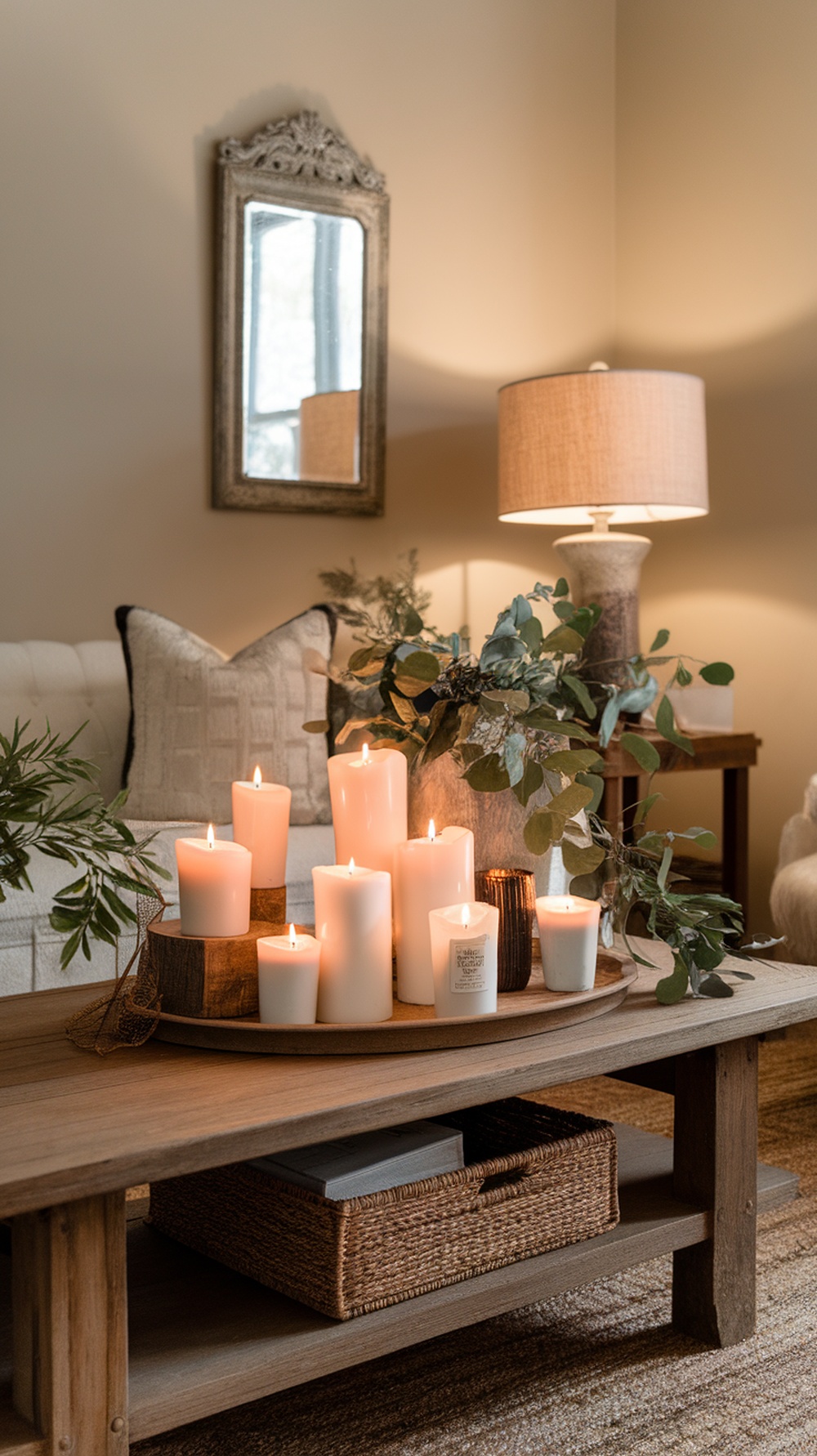 A cozy arrangement of white candles on a wooden tray surrounded by greenery, creating a warm atmosphere.