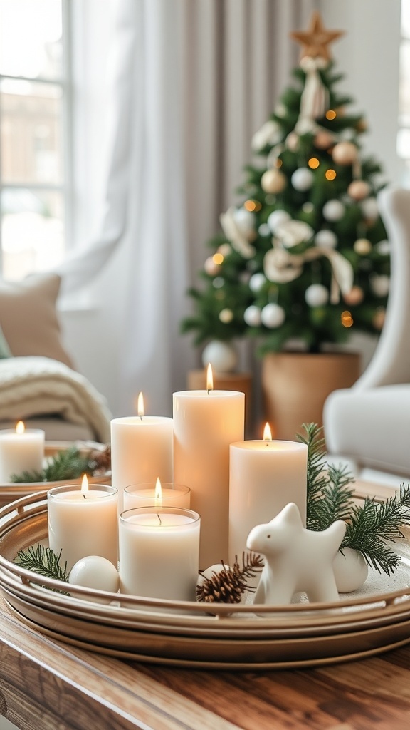 A cozy winter scene with white candles on a tray, surrounded by pine branches and a small decorative figure, with a Christmas tree in the background.
