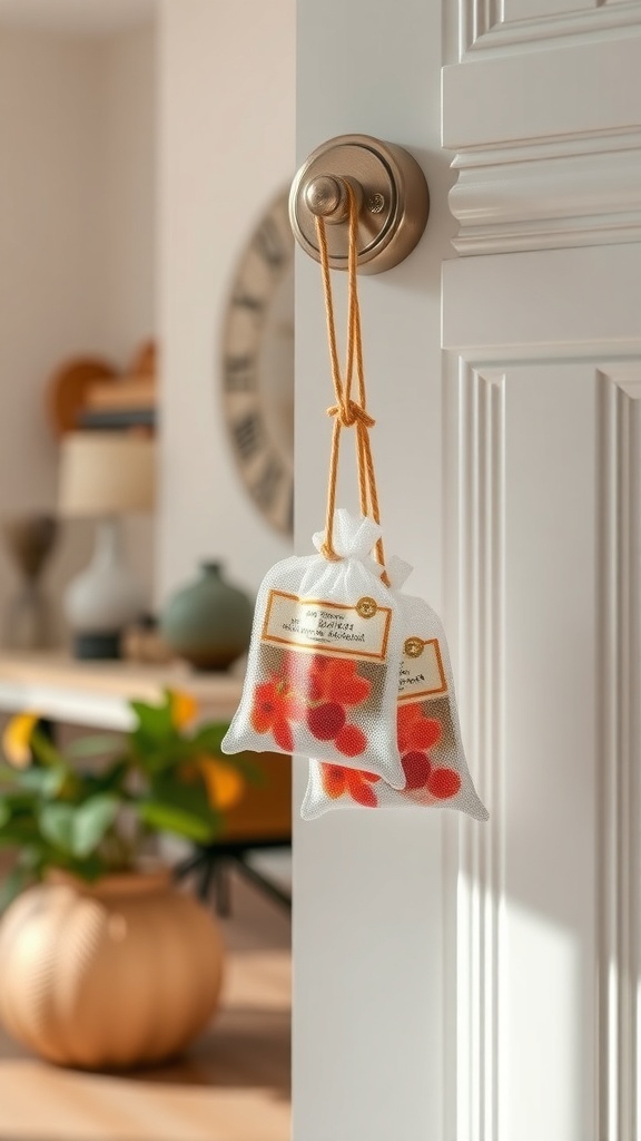 Two scented sachets hanging on a door knob, adding a seasonal touch to home decor.
