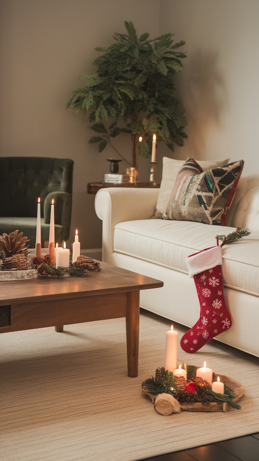 A cozy living room with a red Christmas stocking hanging on a couch, surrounded by candles and festive decorations.