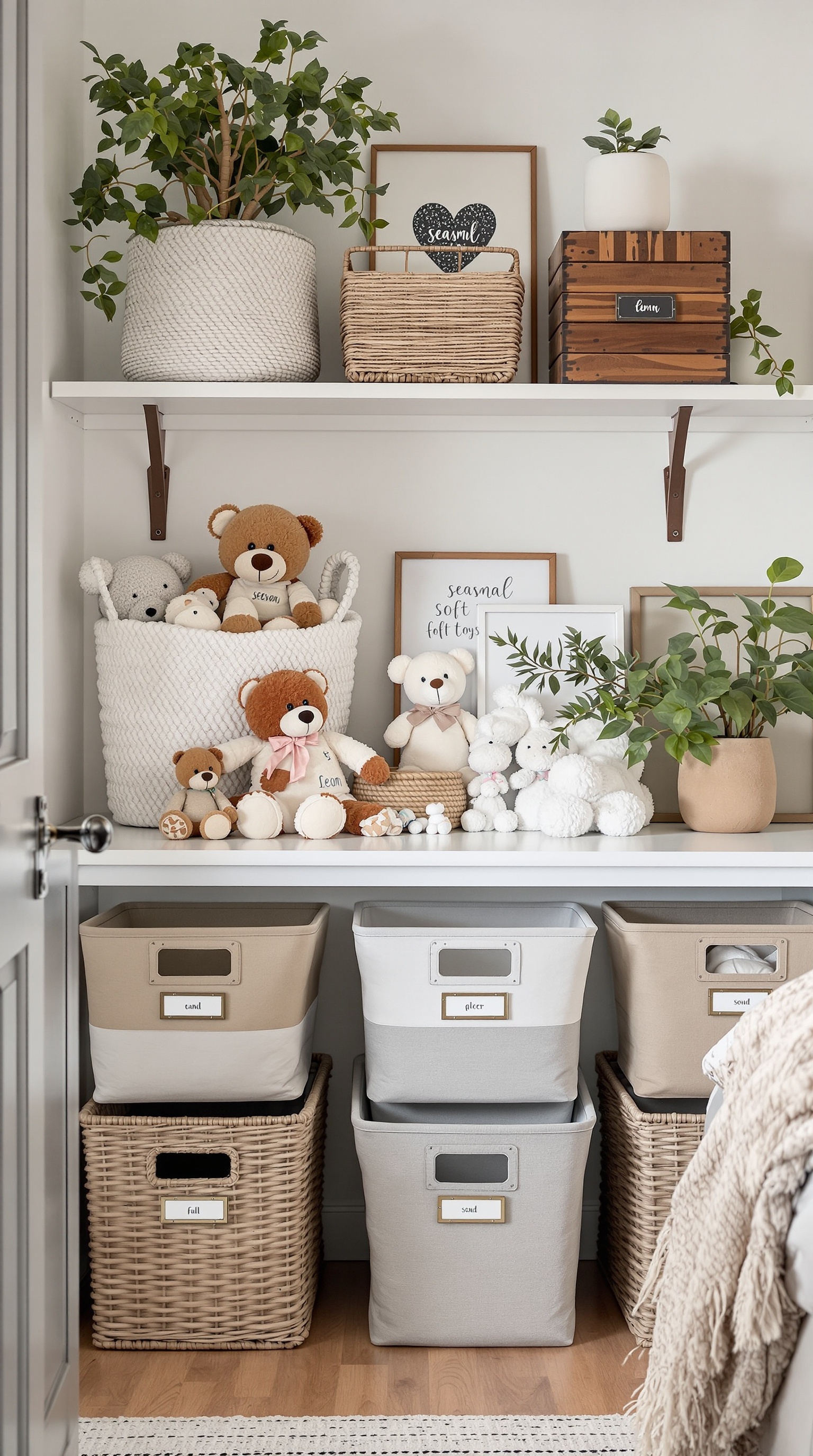 Organized soft toy storage with baskets and labeled bins