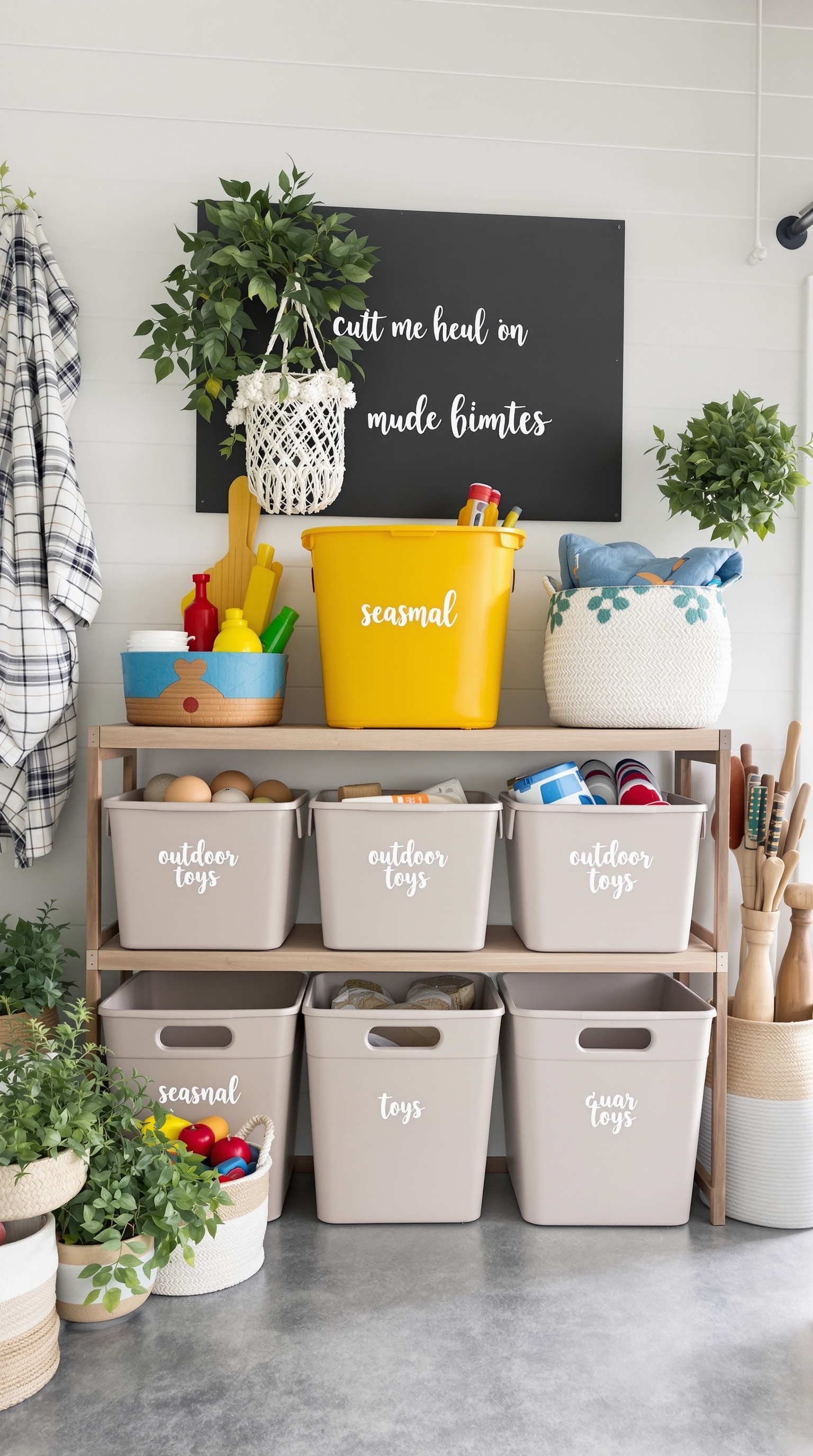 Organized outdoor toy storage with labeled bins on a shelf
