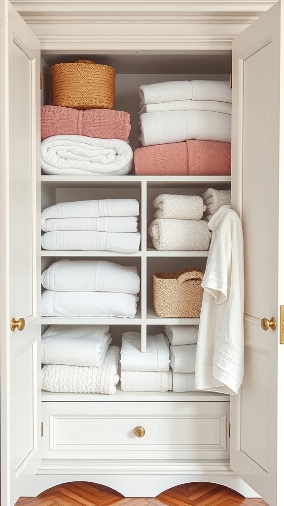 Organized bathroom storage cabinet with neatly folded white towels and decorative baskets.