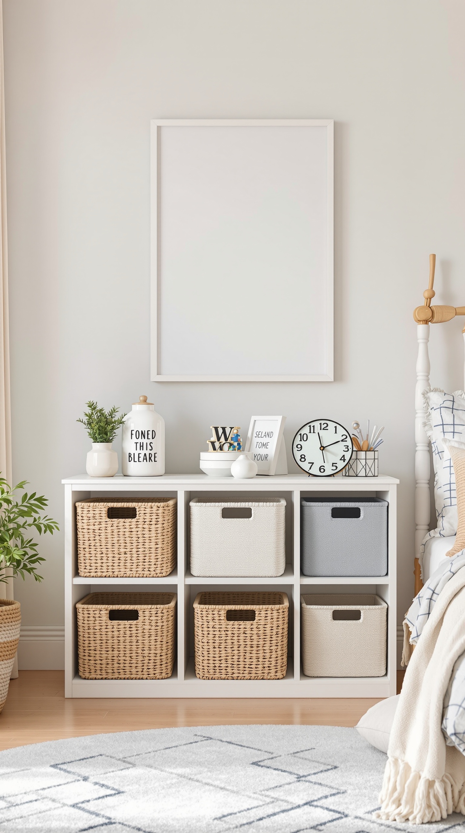A well-organized kids' room storage unit with various baskets and decorative items.