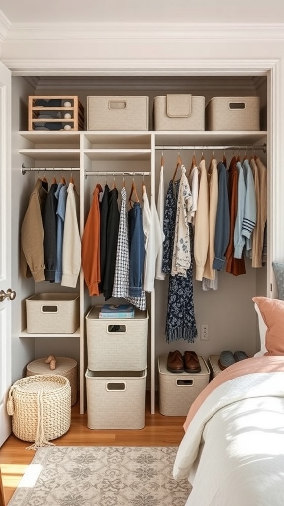 Organized closet with seasonal clothing and storage boxes