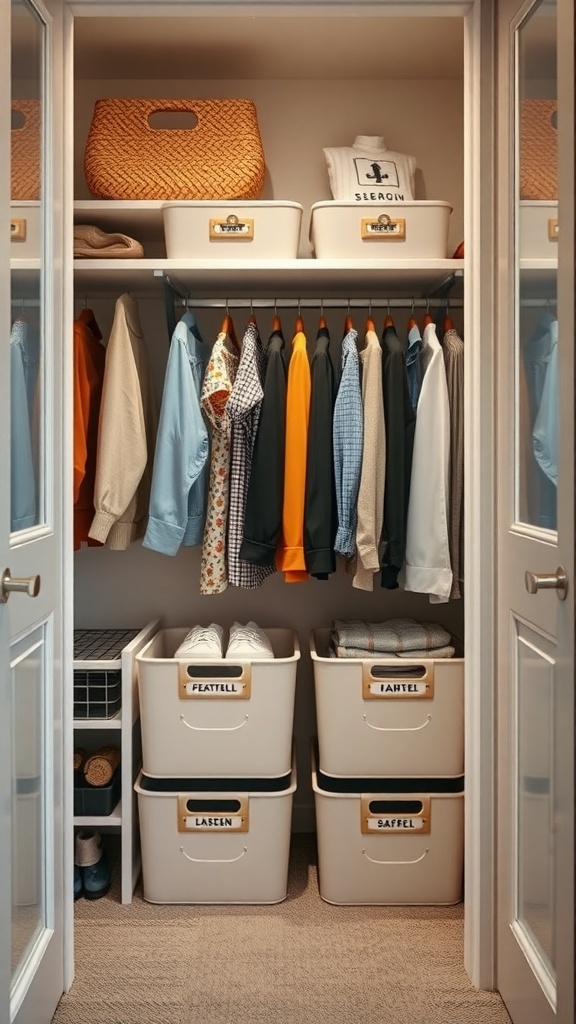 A small closet organized with hanging clothes and labeled storage bins.