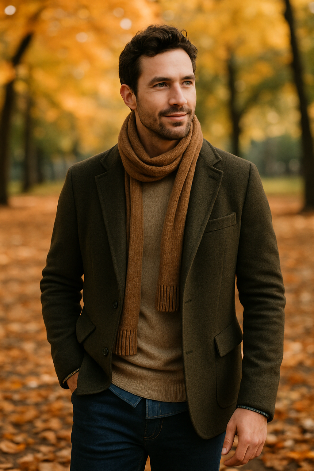 A man in a stylish outfit featuring a blazer, sweater, and scarf, standing in a park with autumn leaves.