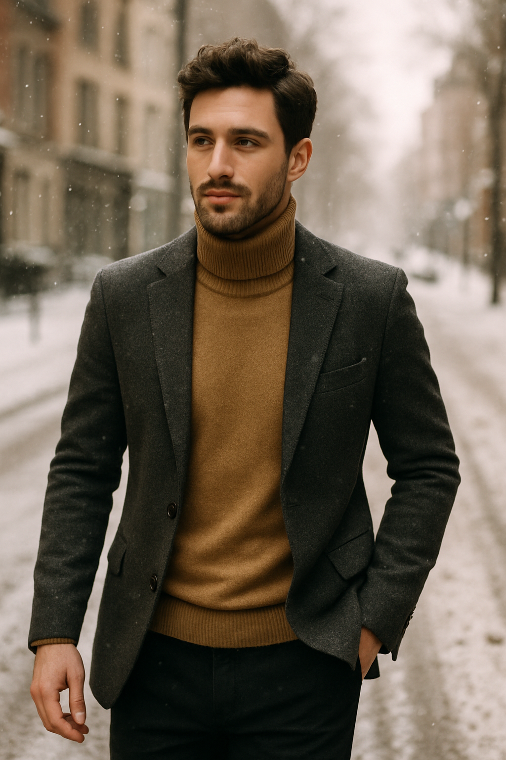 A man wearing a dark blazer and a light brown turtleneck in a snowy street.