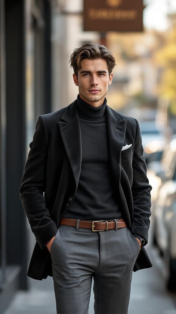 A man wearing a stylish velvet suit with a turtleneck and tailored trousers, standing confidently outdoors.