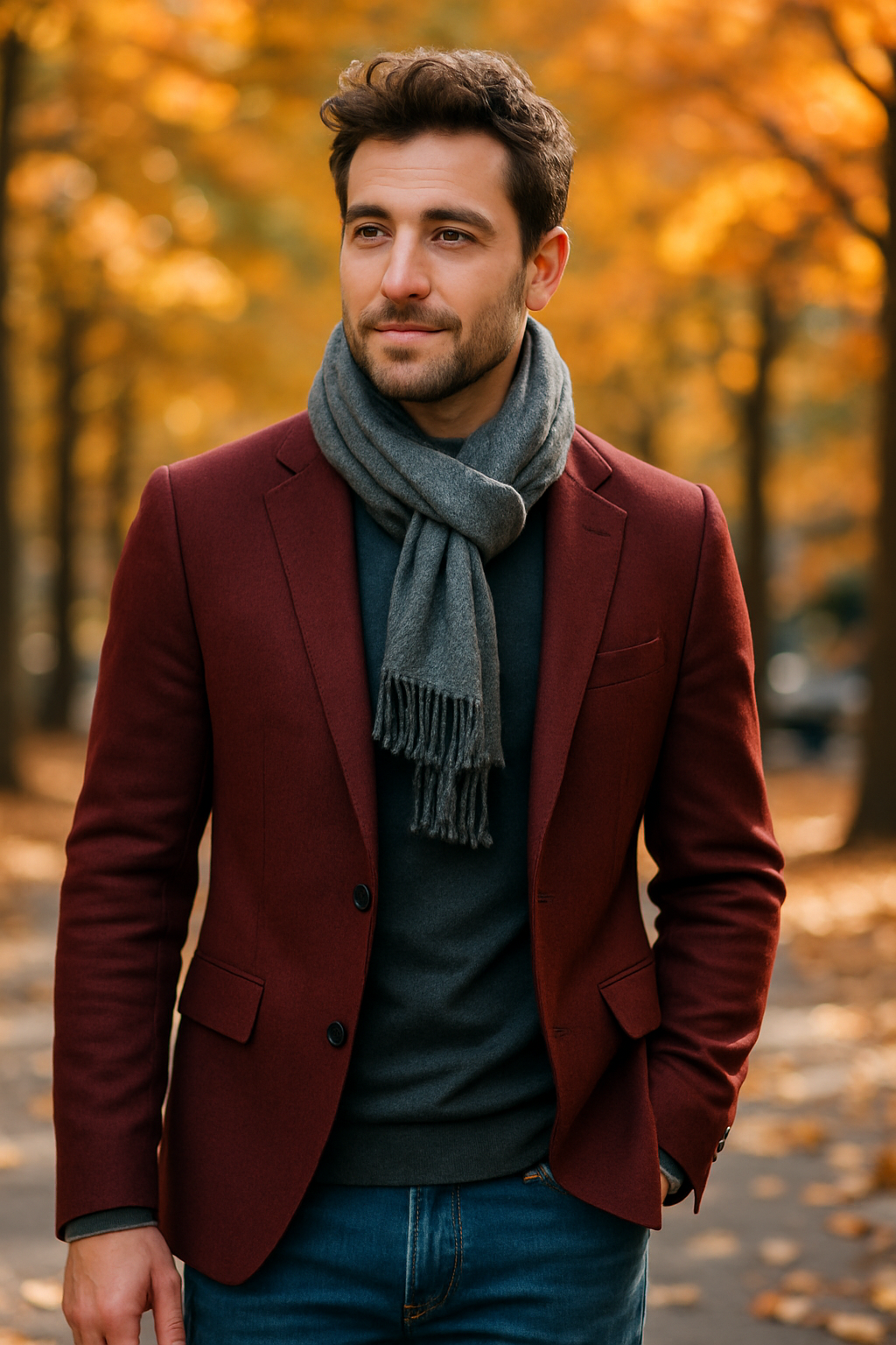 A man in a red blazer and gray scarf standing in an autumn park.