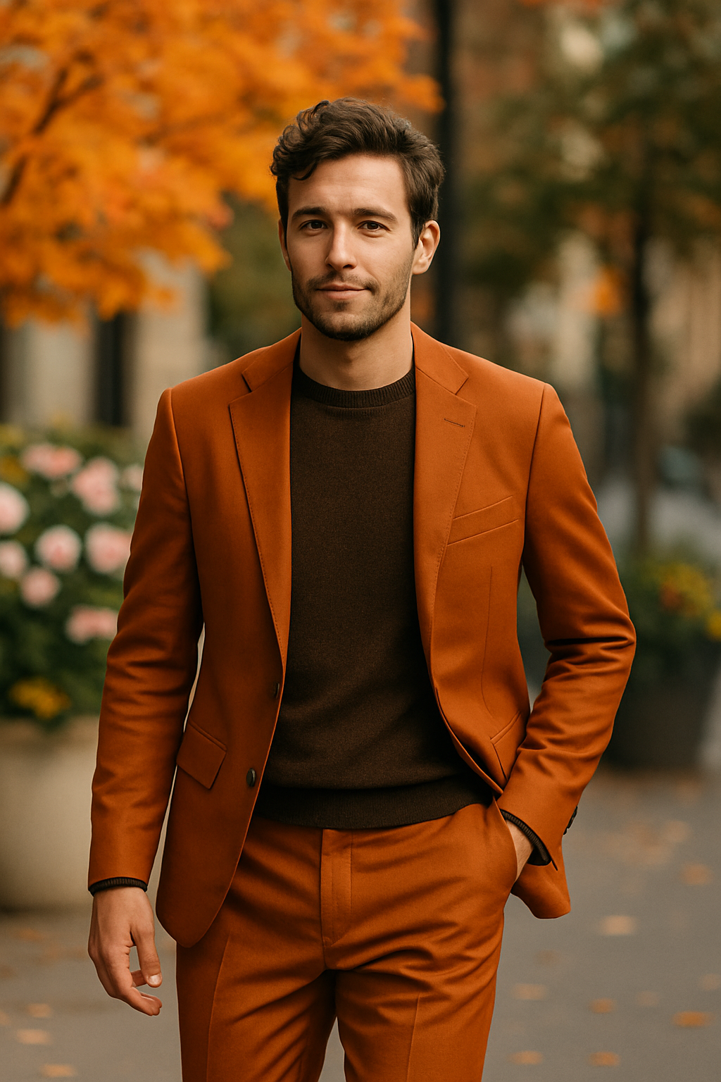 A man wearing an orange suit with a brown sweater, standing outdoors with autumn foliage in the background.