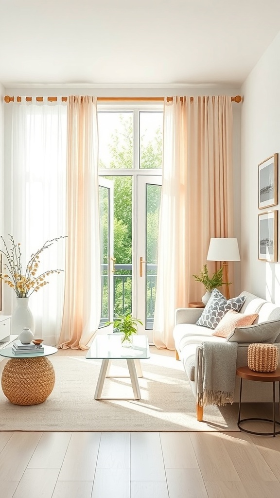 Bright living room with peach and white curtains, showcasing a cozy and inviting atmosphere.