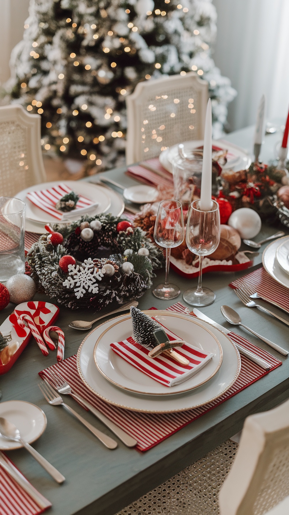 A festive Christmas table setting with red and white striped placemats, elegant plates, a decorative wreath centerpiece, and candy canes.