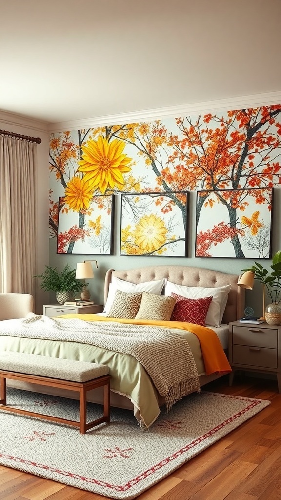 Cozy bedroom with autumn-themed tapestry featuring flowers and trees in warm colors.