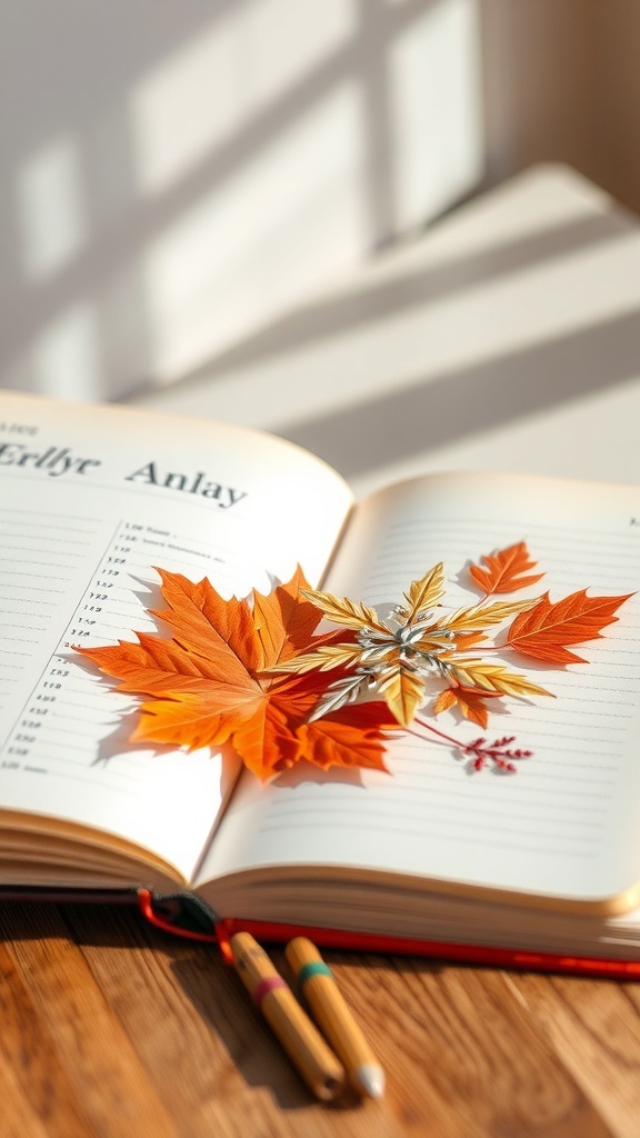 An open diary with autumn leaves on the pages, showcasing seasonal decoration ideas.