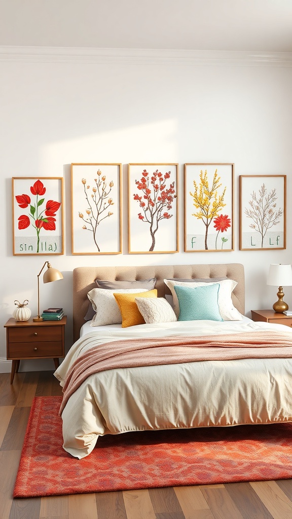 A cozy bedroom featuring seasonal themed wall art with floral and tree designs.