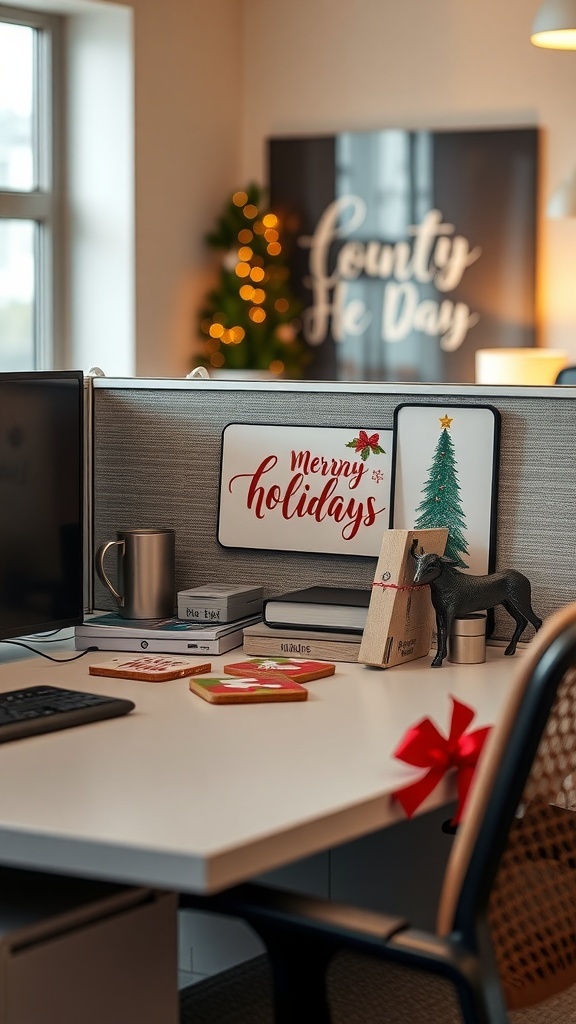 A decorated cubicle with seasonal themed coasters, a 'Merry Holidays' sign, and a small Christmas tree.