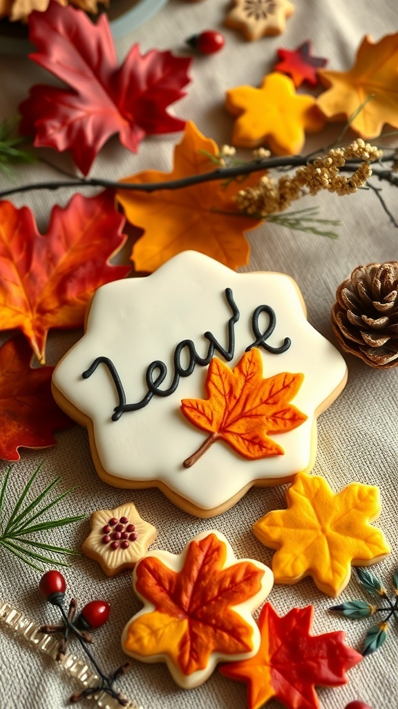 Decorated autumn-themed cookies with leaf designs on a neutral background
