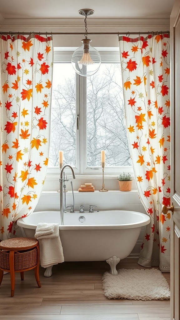 Bathroom with autumn-themed curtains featuring colorful leaves, a white bathtub, and warm lighting.