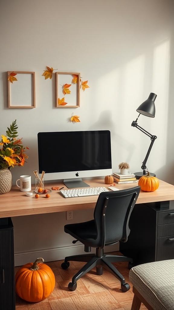 A cozy office desk decorated for fall with pumpkins, autumn leaves, and a warm lamp.