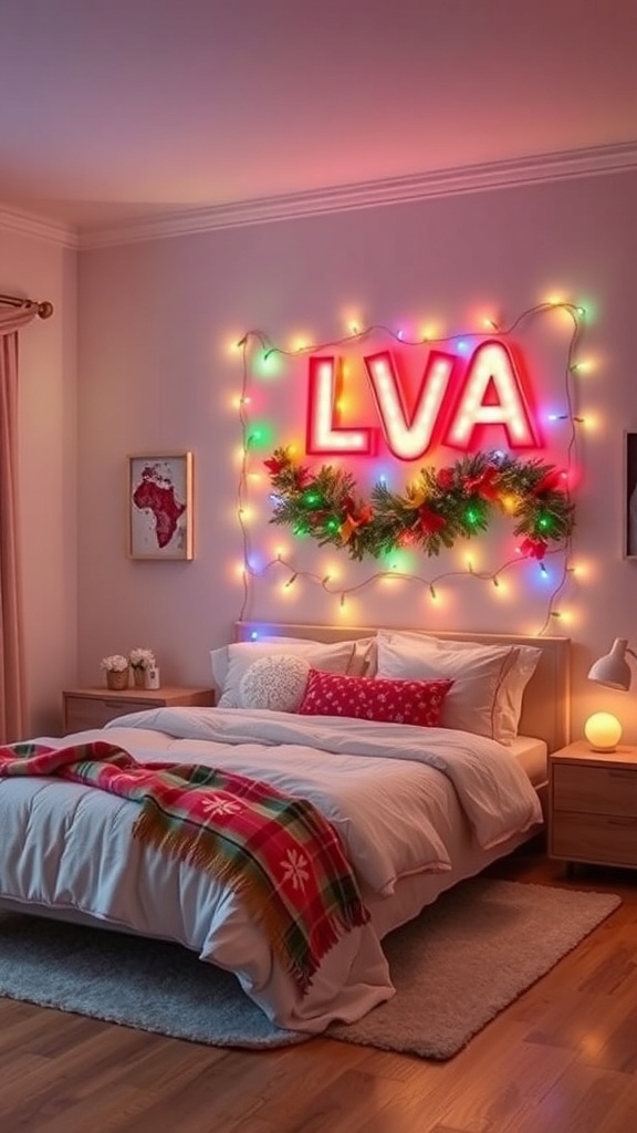 A cozy bedroom with colorful LED lights spelling 'LVA' and decorated with greenery.
