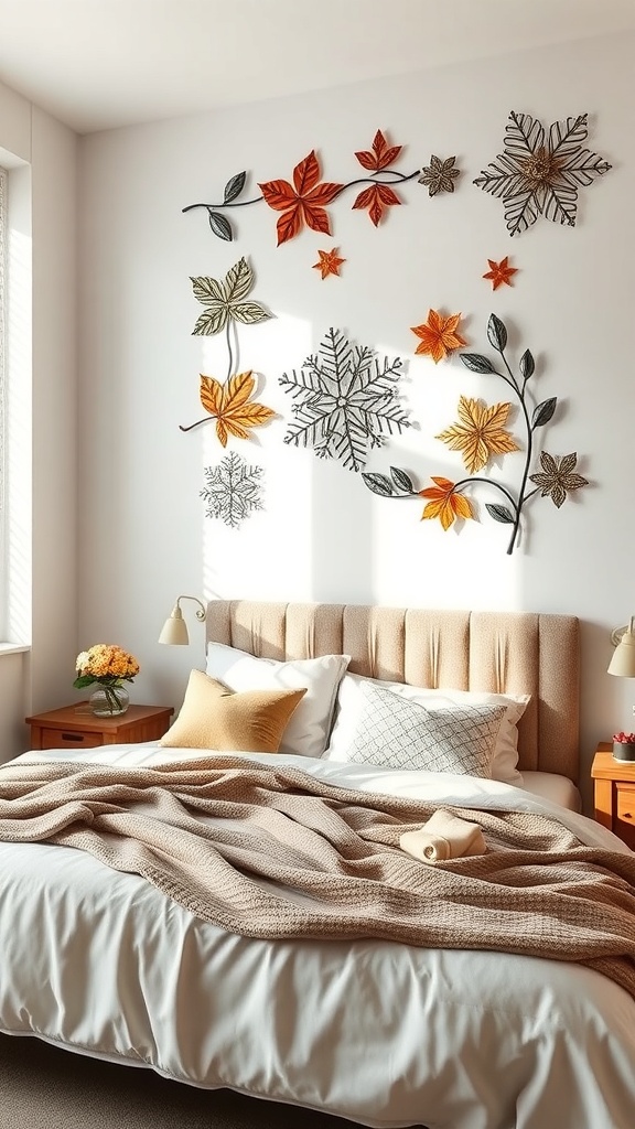 Seasonal themed metal wall art featuring colorful leaves and snowflakes above a cozy bed.