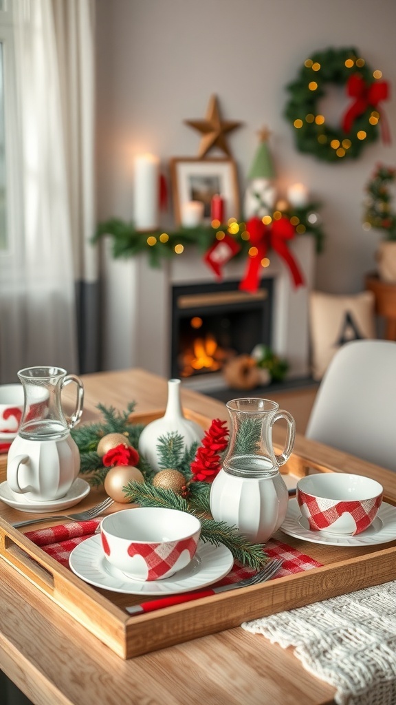 A festive Christmas tray with red and white tableware, glass pitchers, and decorative accents.