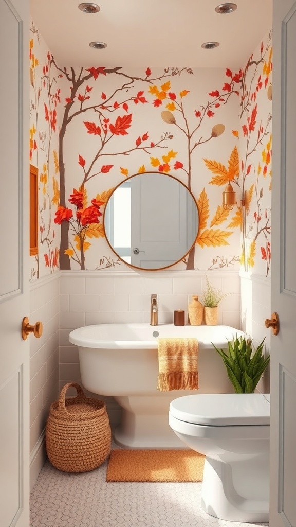 Small bathroom with autumn-themed wallpaper featuring colorful leaves, round mirror, and cozy decor.