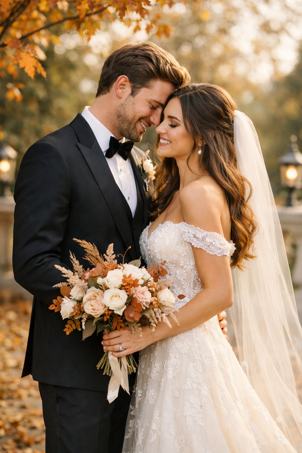 Couple sharing a romantic moment in autumn with colorful foliage.