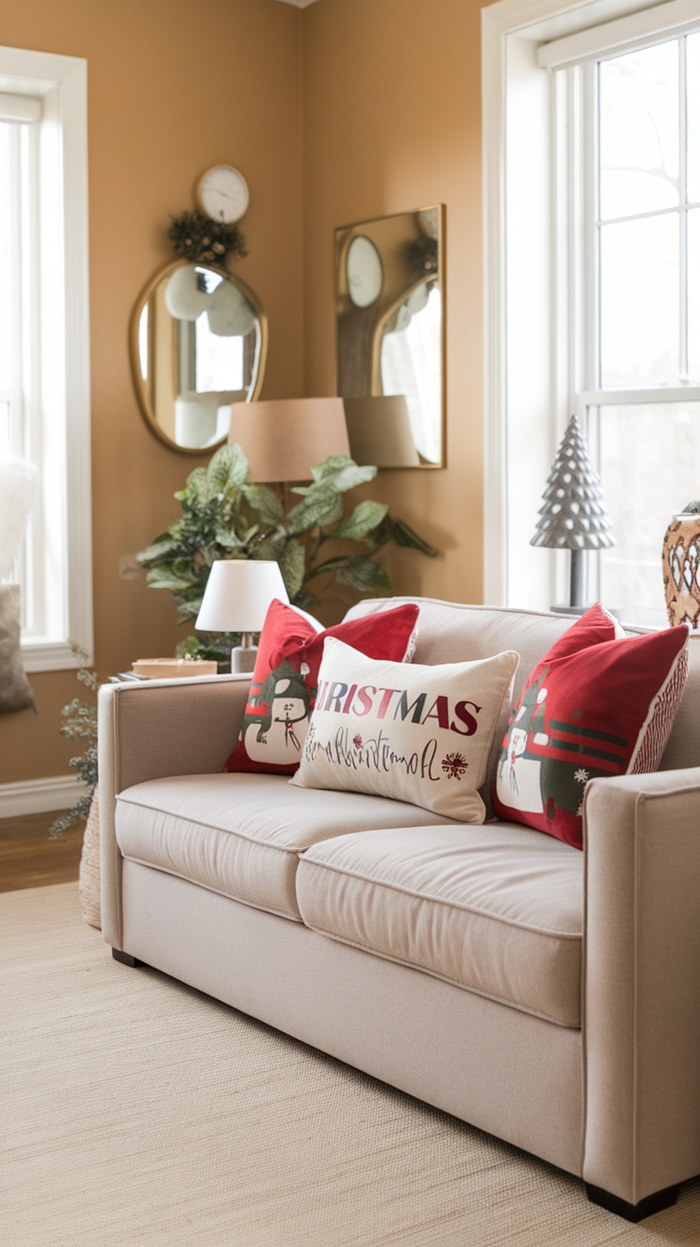 Cozy sofa with Christmas-themed throw pillows featuring snowmen and festive lettering