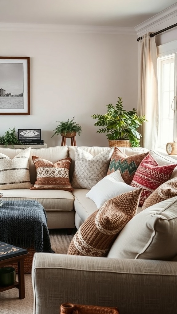 A cozy winter living room with a sectional sofa adorned with various throw pillows in warm colors and textures.