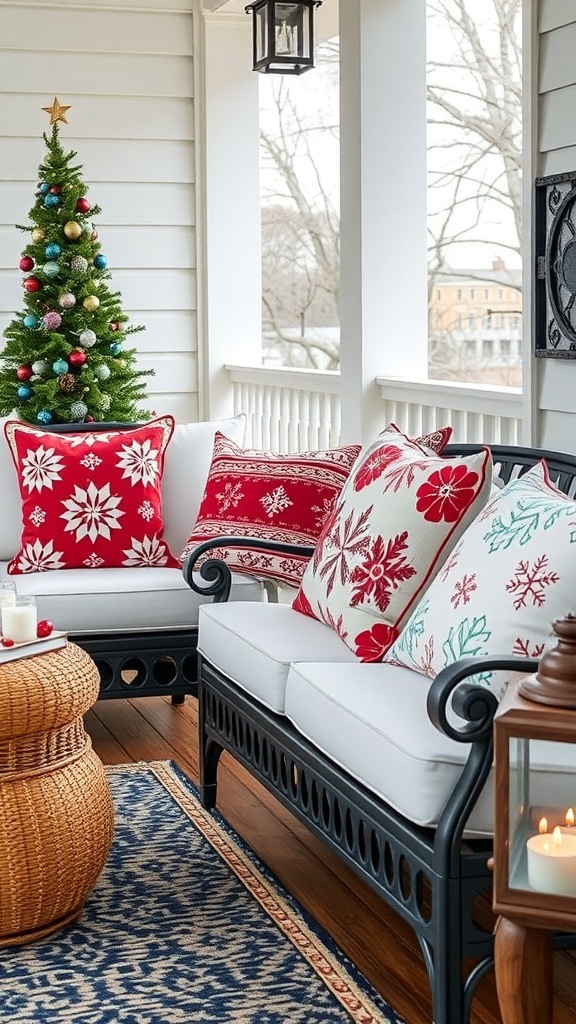A winter porch decor featuring seasonal throw pillows in red and white with a small Christmas tree.