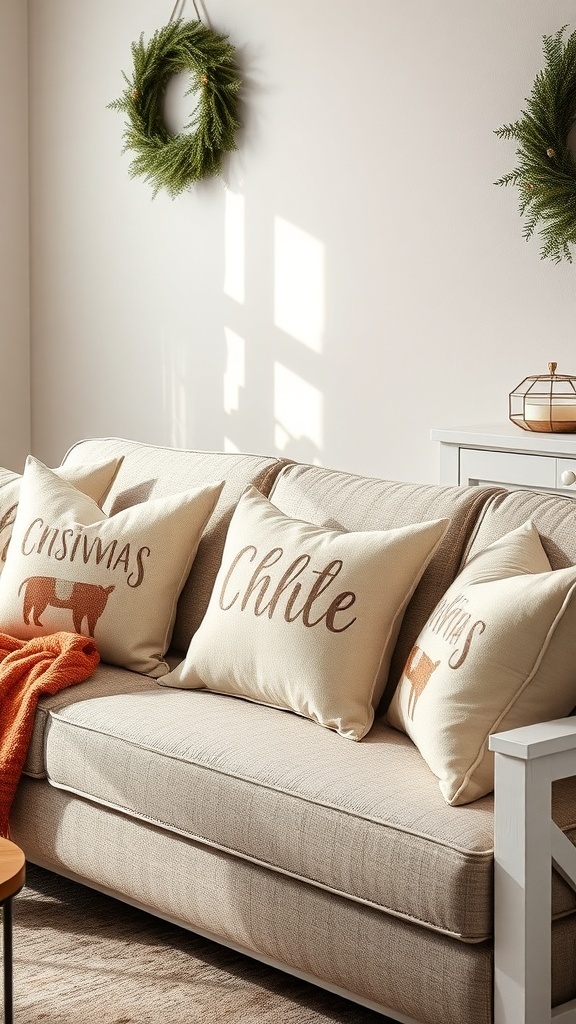 Cozy couch with seasonal throw pillows and a warm blanket