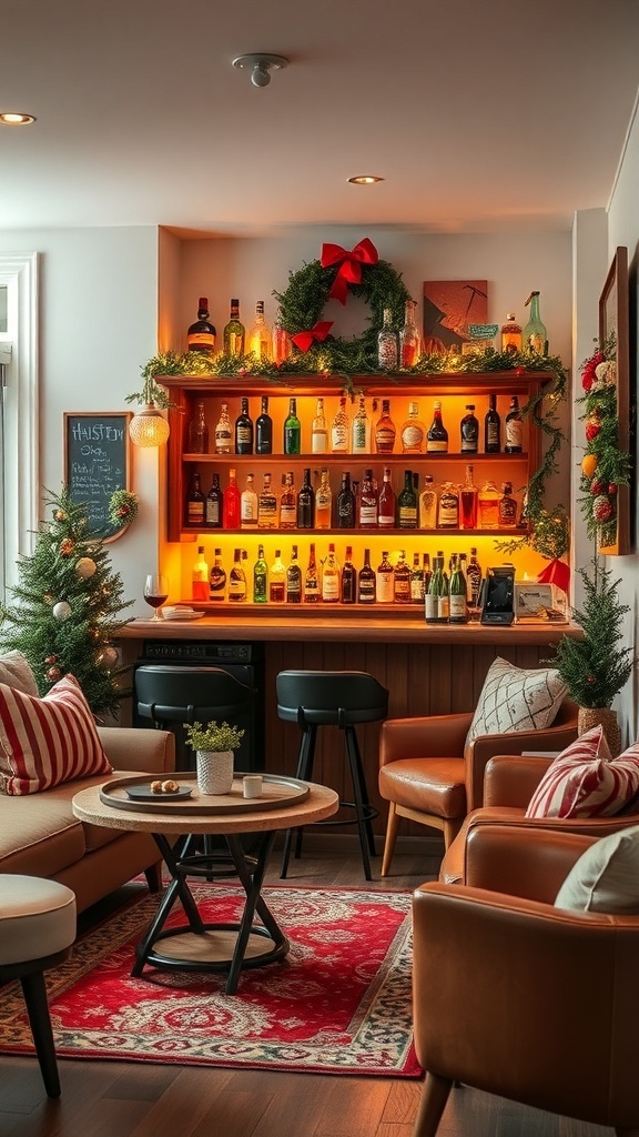 A cozy tiny bar decorated for winter with festive elements like a wreath, red bow, and warm lighting.
