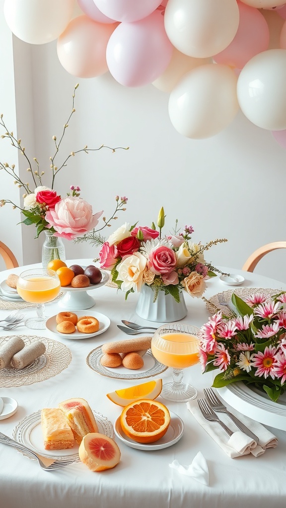 A beautifully arranged table for a baby shower brunch featuring flowers, fruits, and pastries.