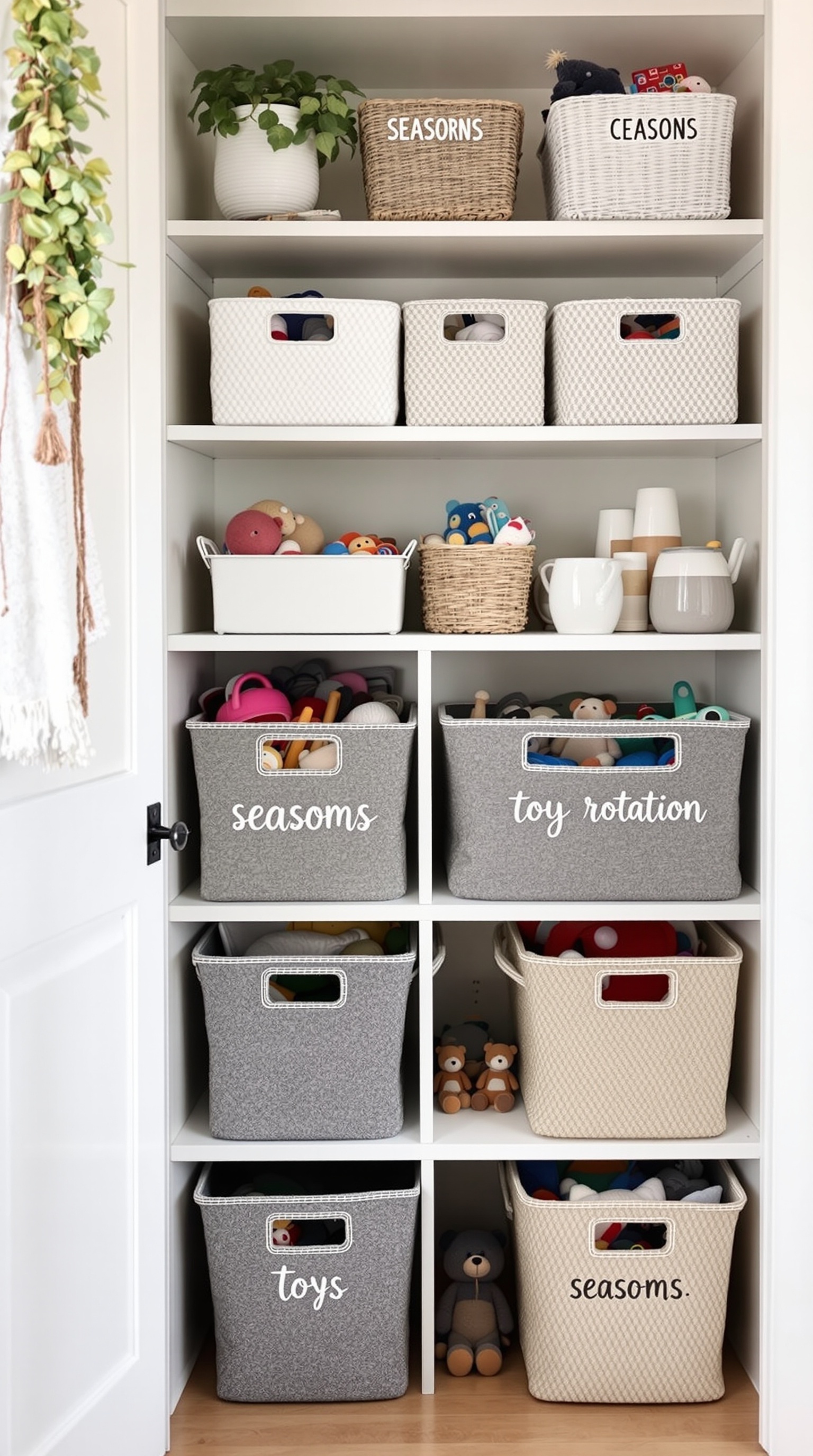 Organized toy storage with labeled baskets for seasonal rotation