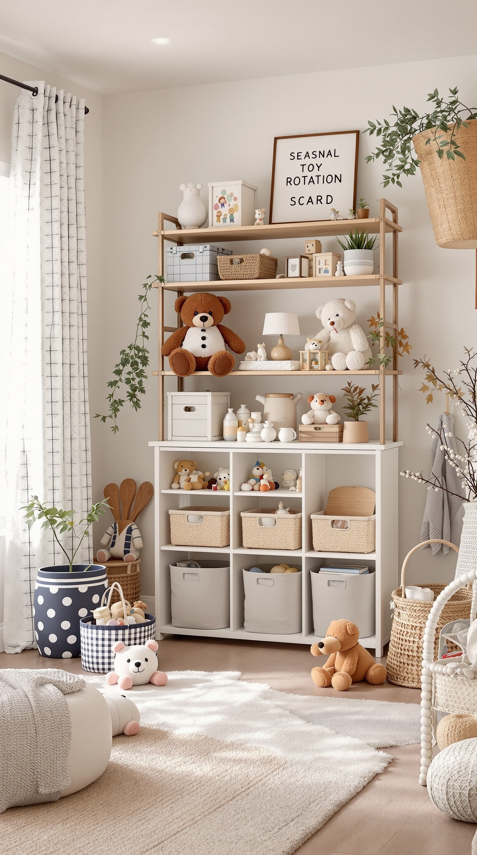 A well-organized toy room featuring a shelving unit with toys and storage bins, and a sign that reads 'Seasonal Toy Rotation'.